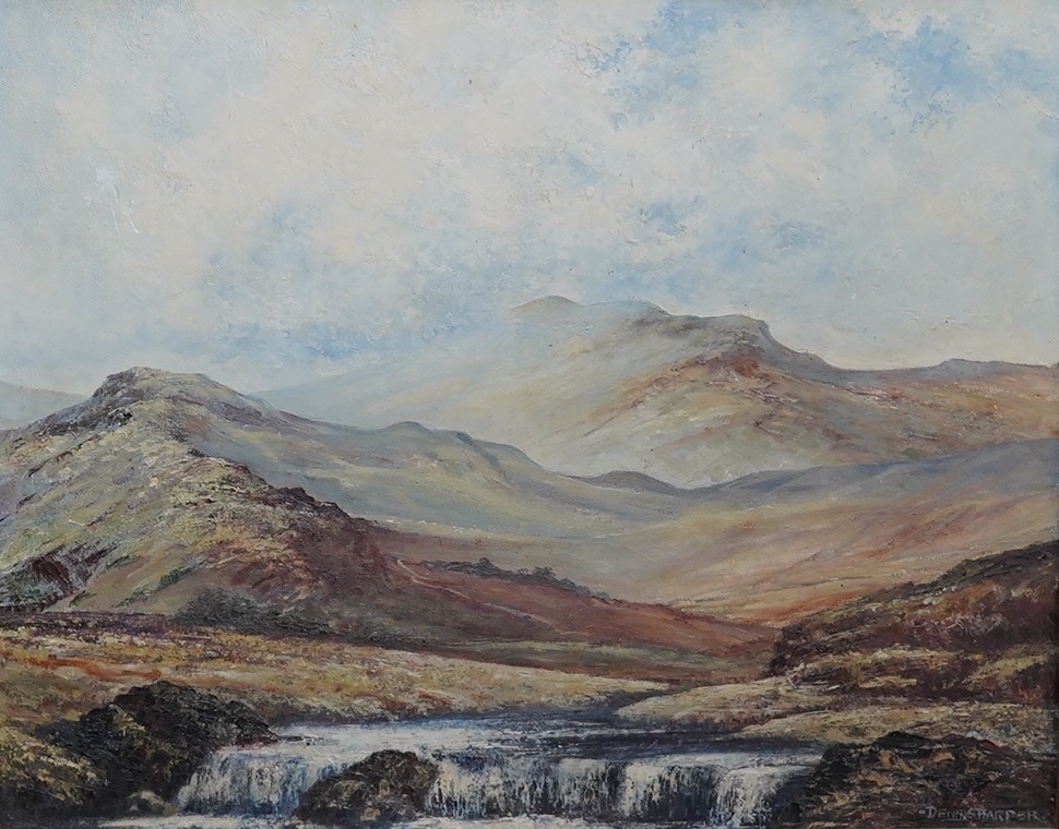 Dennis Harper (b. 1940), oil on canvas, Mountainous scene with waterfall, signed, 39 x 49cm, gilt framed. Condition - fair to good, would benefit from a clean